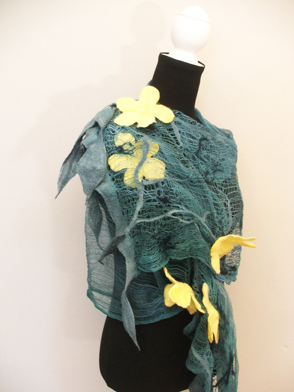 Nuno Felted Scarf, wrap OOAK Wearable Art,  Summer Shawl, Scarf, 3D Yellow Flowers