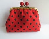 FREE SHIPPING - Handmade Coin Purse Black Dots in Red