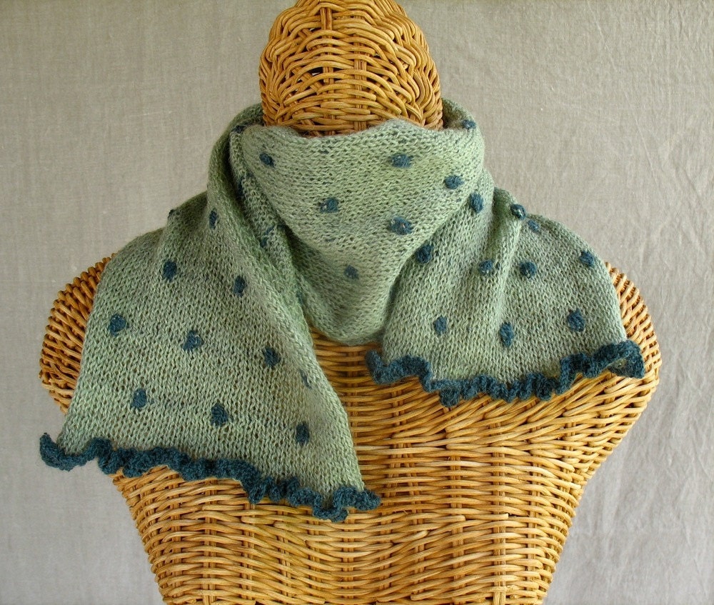 Polka-dot Scarf  Knit in Sage Green and Teal