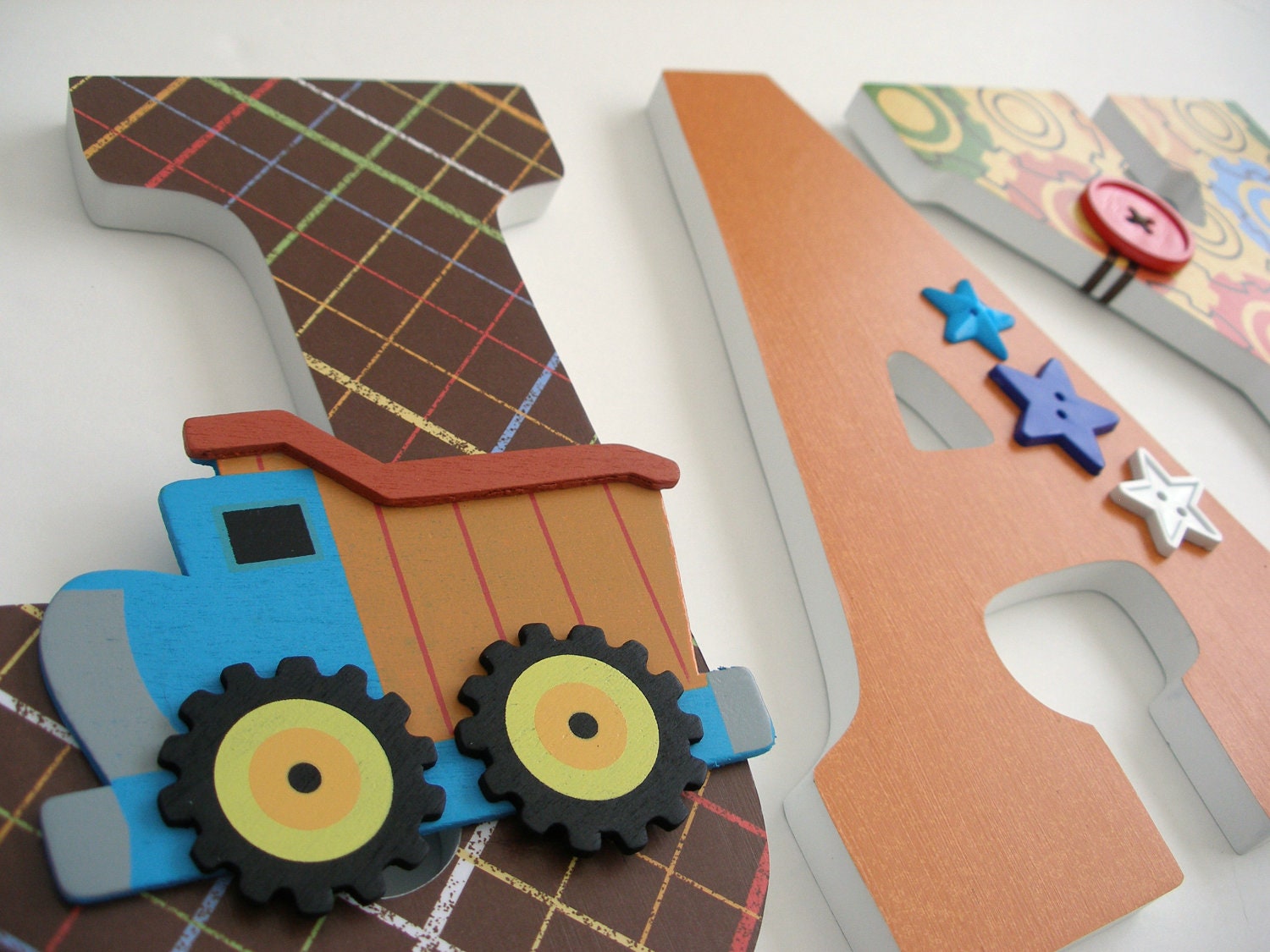 Custom Decorated Wooden Letters CONSTRUCTION Theme- Nursery Bedroom Home Décor, Wall Decorations, Wood Letters, Personalized