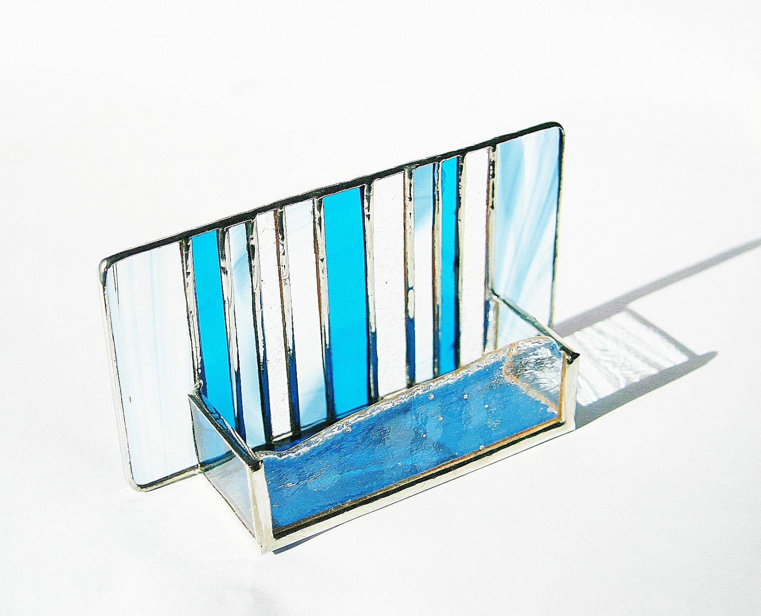 Stained Glass Modern Business Card Holder Turquoise Peacock Slate Blue Clear Art Glass Office Decor Contemporary Desk Accessory Unisex OOAK