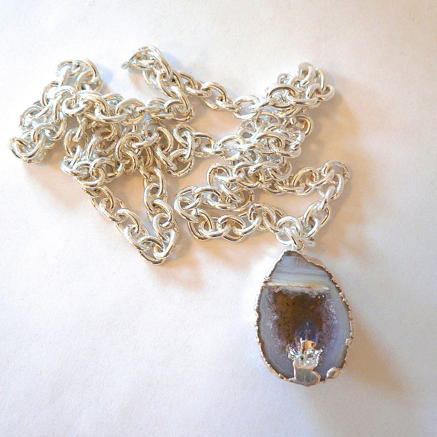 Silver Plated Geode With Amethyst Crystal on Silver Chain