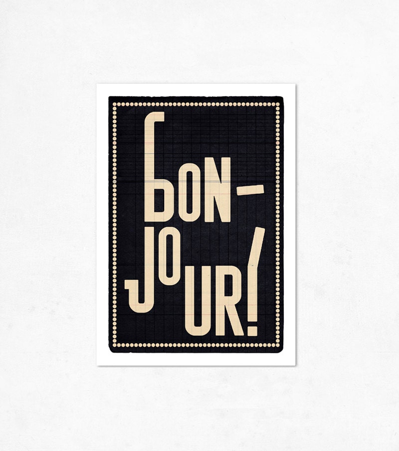 Bonjour, black version. Illustration print 8.27 x 11.70 (A4). French. (Special christmas offer: Buy 2 prints, get a 2013 calendar for free) - edubarba