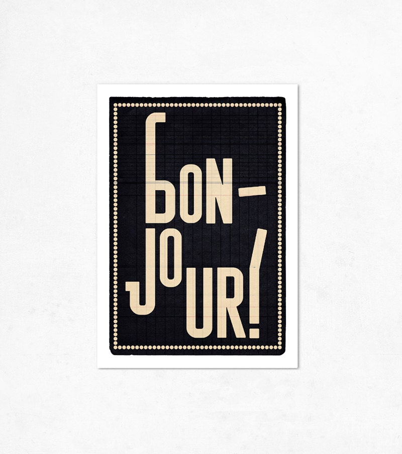 Bonjour, black version. Illustration print 8.27 x 11.70 (A4). French.
