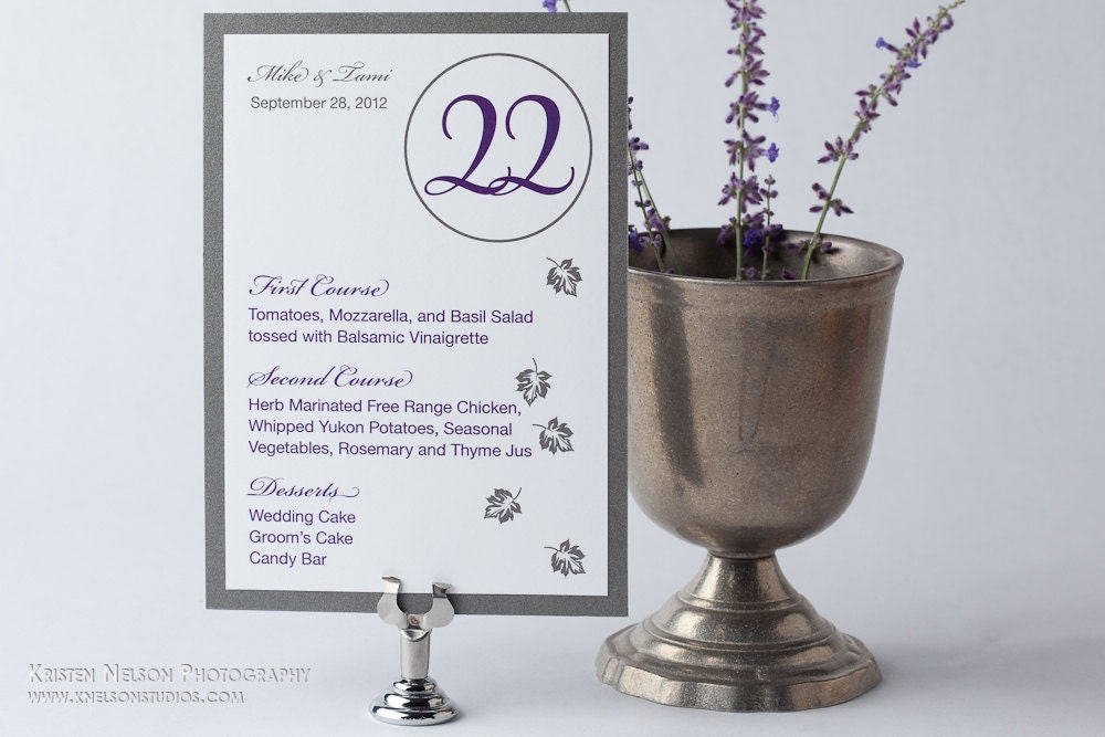 Wedding Numbers / Wedding Table Numbers / Wedding Table Cards / Numbers with Menu Combo / Menus / Purple / Grey / Gray / Leaf / Leaves