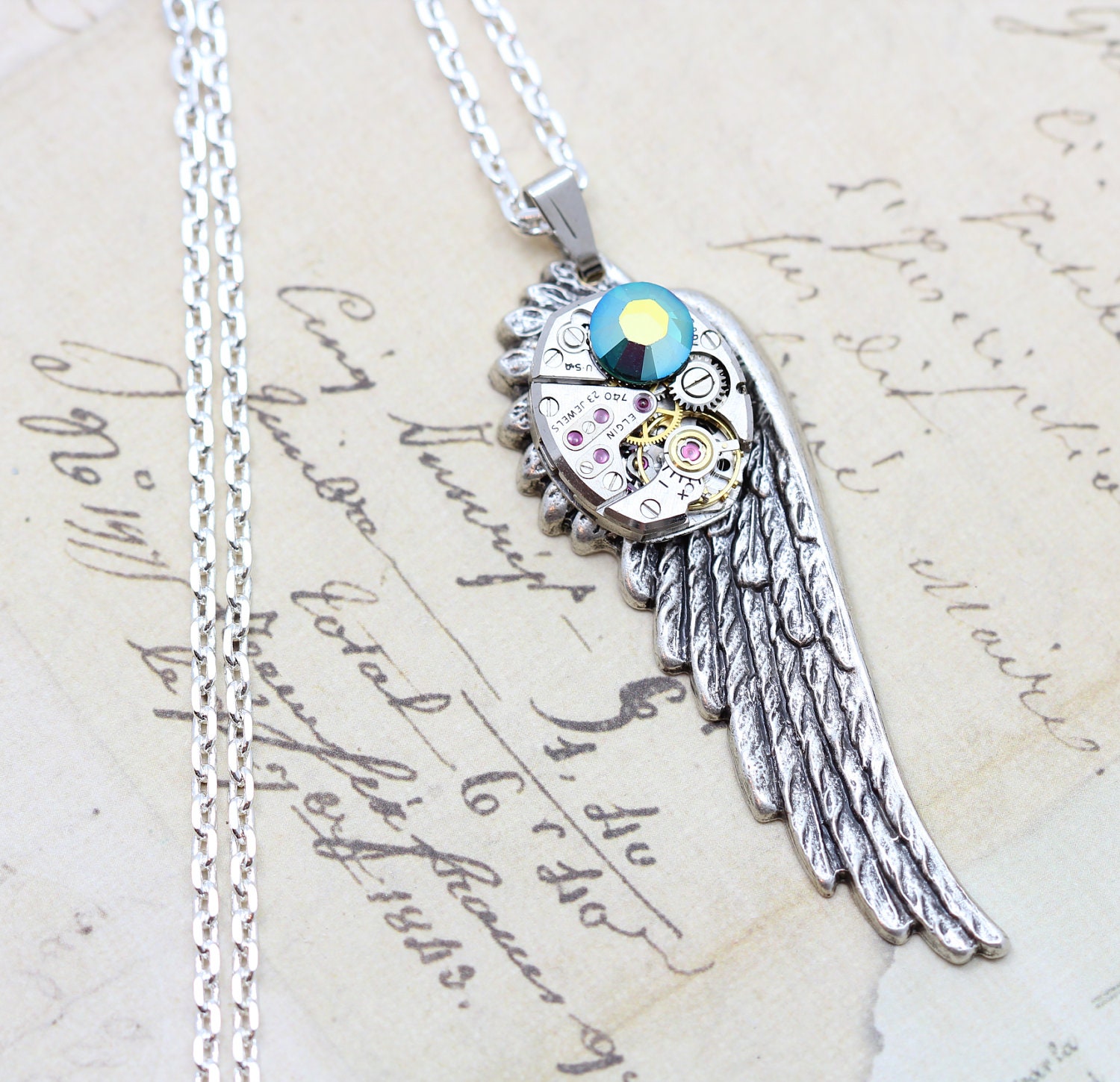 Wing Necklace Steampunk Jewelry Steam Punk 20" Upcycled - Emerald AB Silver Wing - Vintage Elgin Watch Movement