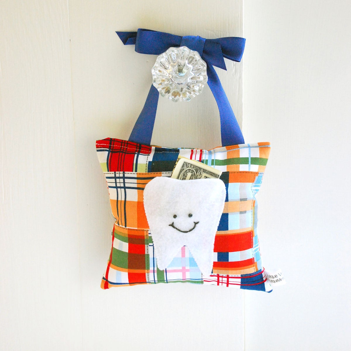 Boys Tooth Fairy Pillow in Navy Blue and Tangerine Orange Nautical Madras Print