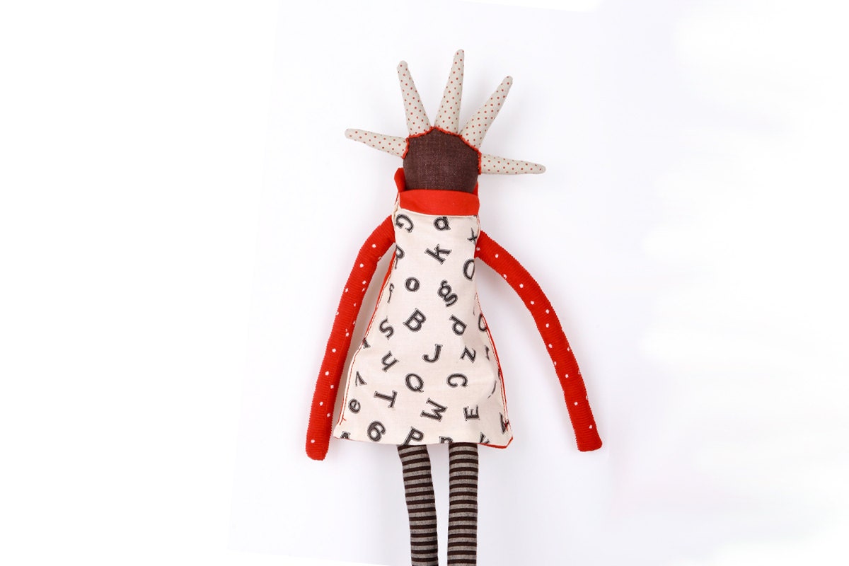 urban Brown ooak art doll - funky  handmade doll With cool Spikes Haircut - Letters, numbers, black, white, red