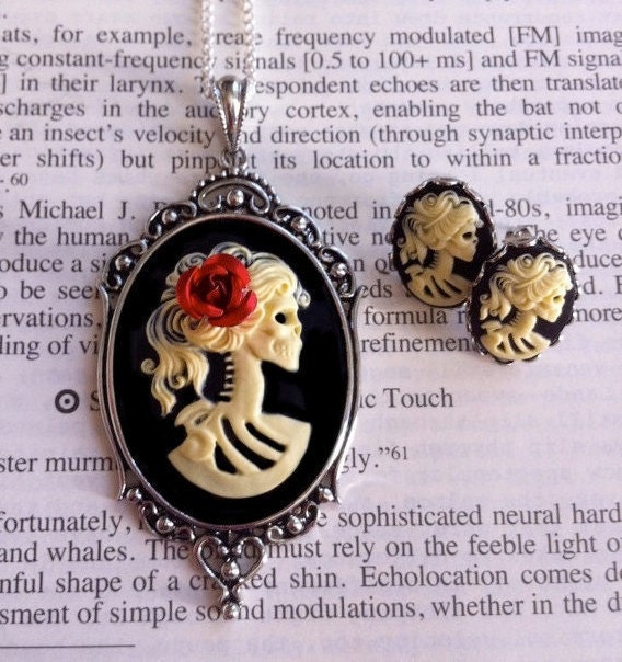 Halloween Jewelry - Skeleton Cameo Necklace Earrings Set - Lolita Ivory Zombie