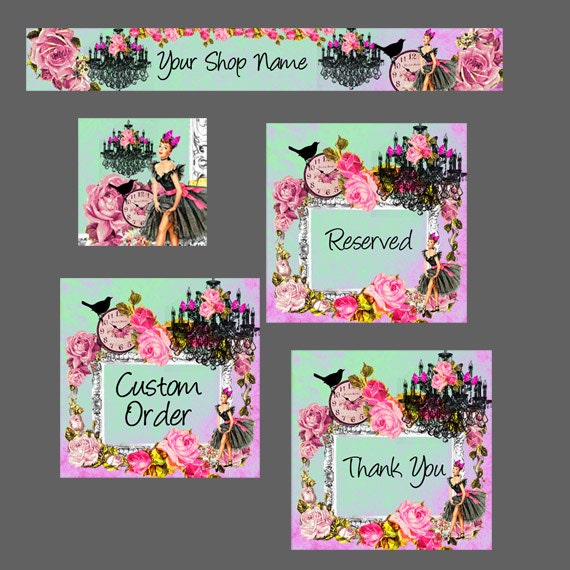 Premade Etsy Shop Banner Avatar Set - Rose flower vintage frame bird girl lady boutique etsy banner set - no432