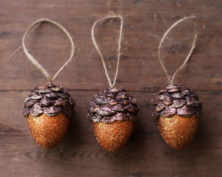 Acorn Ornaments, Pumpkin Orange Spice, Rustic Wooodland Decor - Set of 3