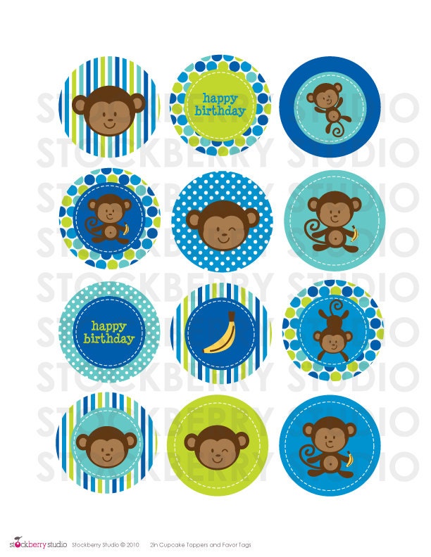 2 inch Boy Monkey Printable Cupcake Toppers or Favor Tags Il_570xn
