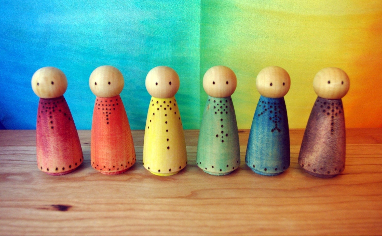 Wooden Waldorf Dolls, 6 LARGE Woodburned Rustic Rainbow Waldorf Peg People