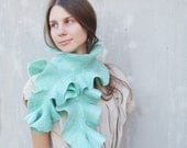 Mint felted elted scarf  turquoise teal blue ruffle wool collar weddings fashion aquamarine winter fashion
