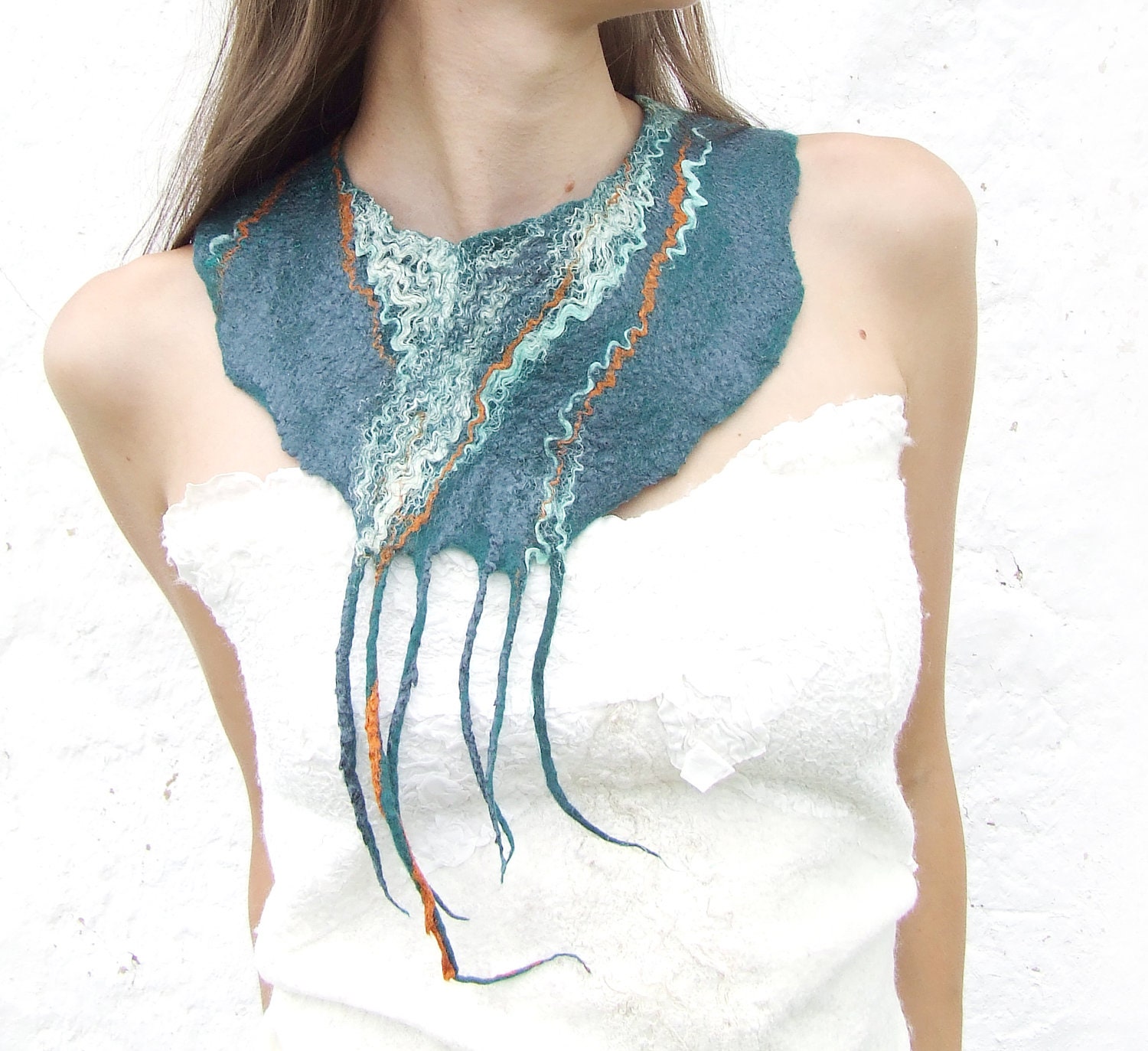 Teal statement  felt necklace, felted wool bib collar, green teal scarf weddings bridesmaid winter fashion