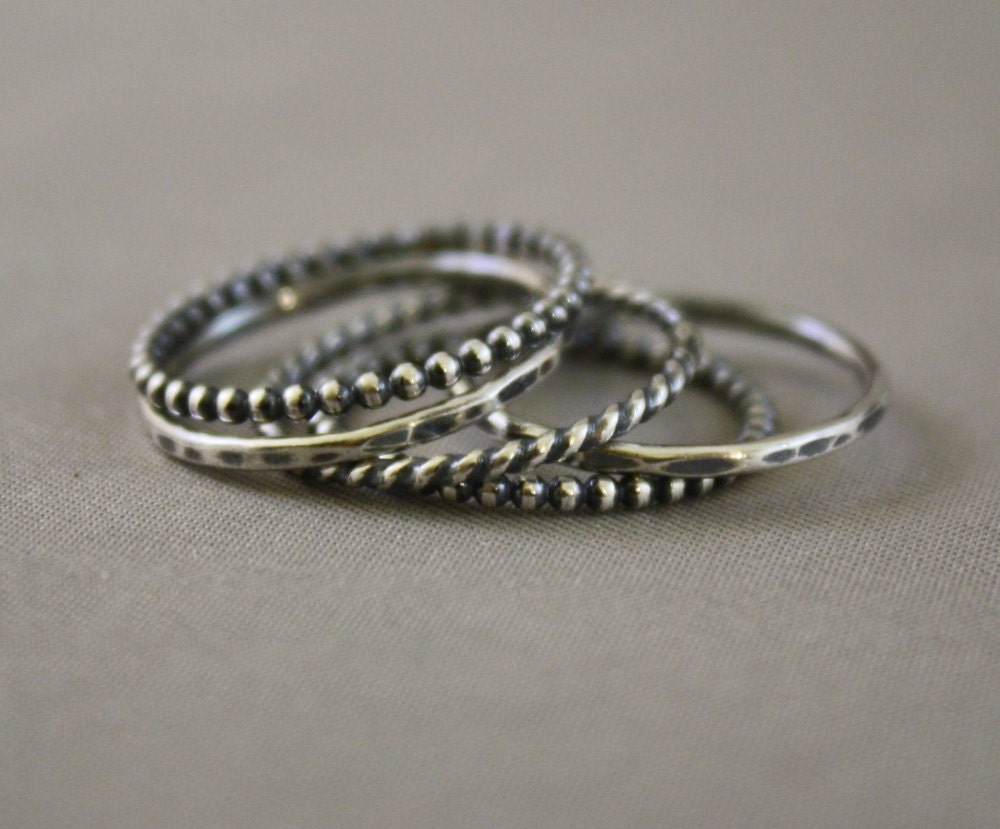 5 Oxidized Skinny Sterling Silver Stacking Rings, Custom made