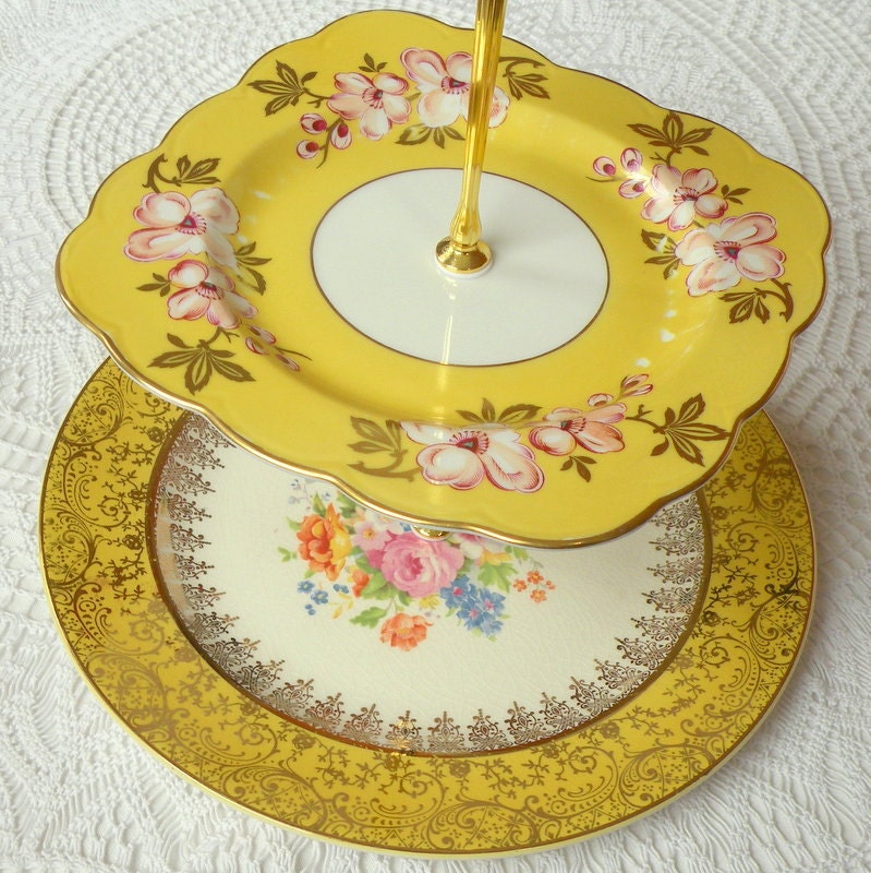 Alice Loves Summer, Sunshine Yellow Cupcake Stand of Vintage China, 3 Tier Display for Garden Wedding or High Tea Party Centerpiece