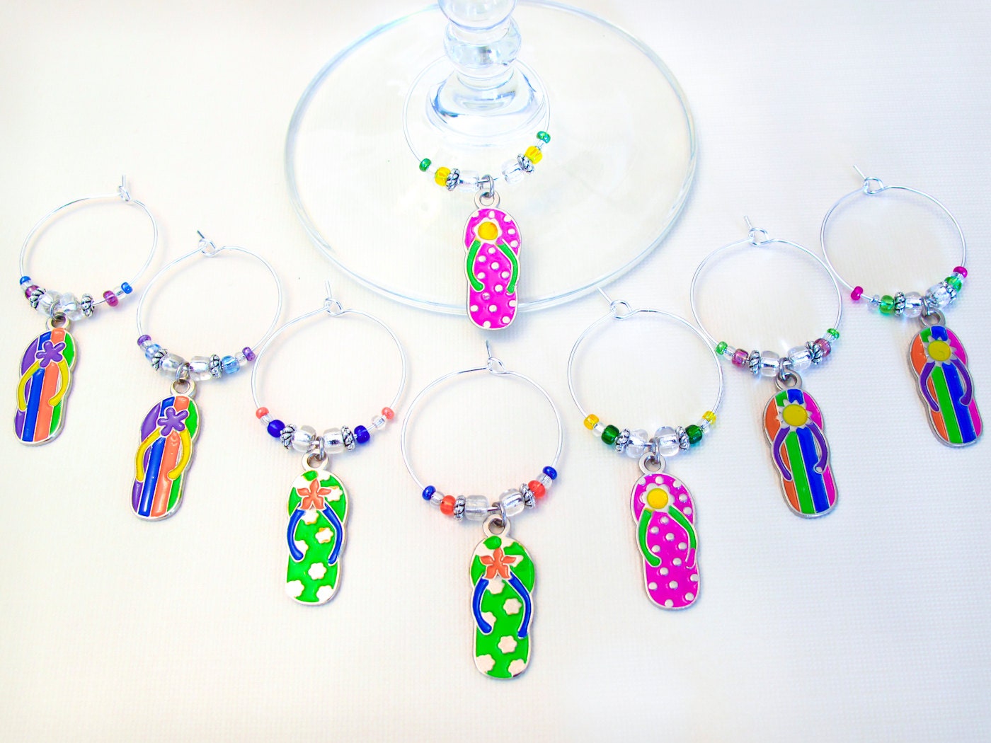 Flip Flop Wine Charms - Set of 8 Colorful Flip Flop Wine Charms