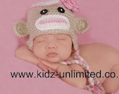 SOCK MONKEY GIRL - with Flower, Earflaps & Braids - Newborn/Toddler/Child