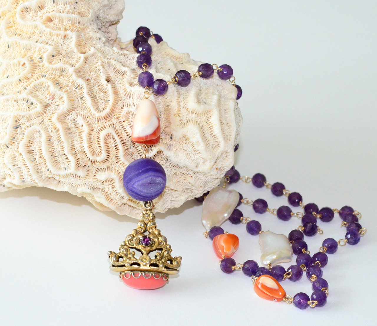 Vintage Pendant Amethyst Biwa Pearl Mexican Fire Opal Agate Asymmetrically Necklace