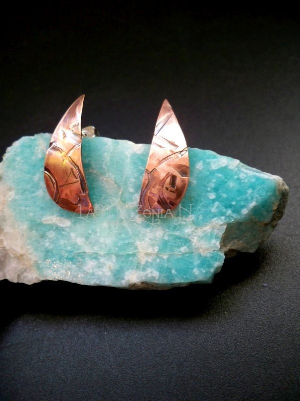 CLEARNANCE SALE 15% OFF - Copper textured teardrop post earrings - sterling silver ear posts - Metal jewelry by Lamazonian