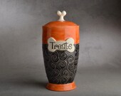 Dog Treat Jar Ready To Ship "Treats" Orange and Clear Black Dog Treat Jar by Symmetrical Pottery