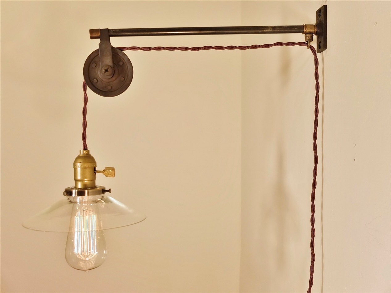 Vintage Industrial Pulley Sconce - CLEAR GLASS SHADE - Wall Mount Light - Machine Age Trouble Lamp Sconce, Milk Glass