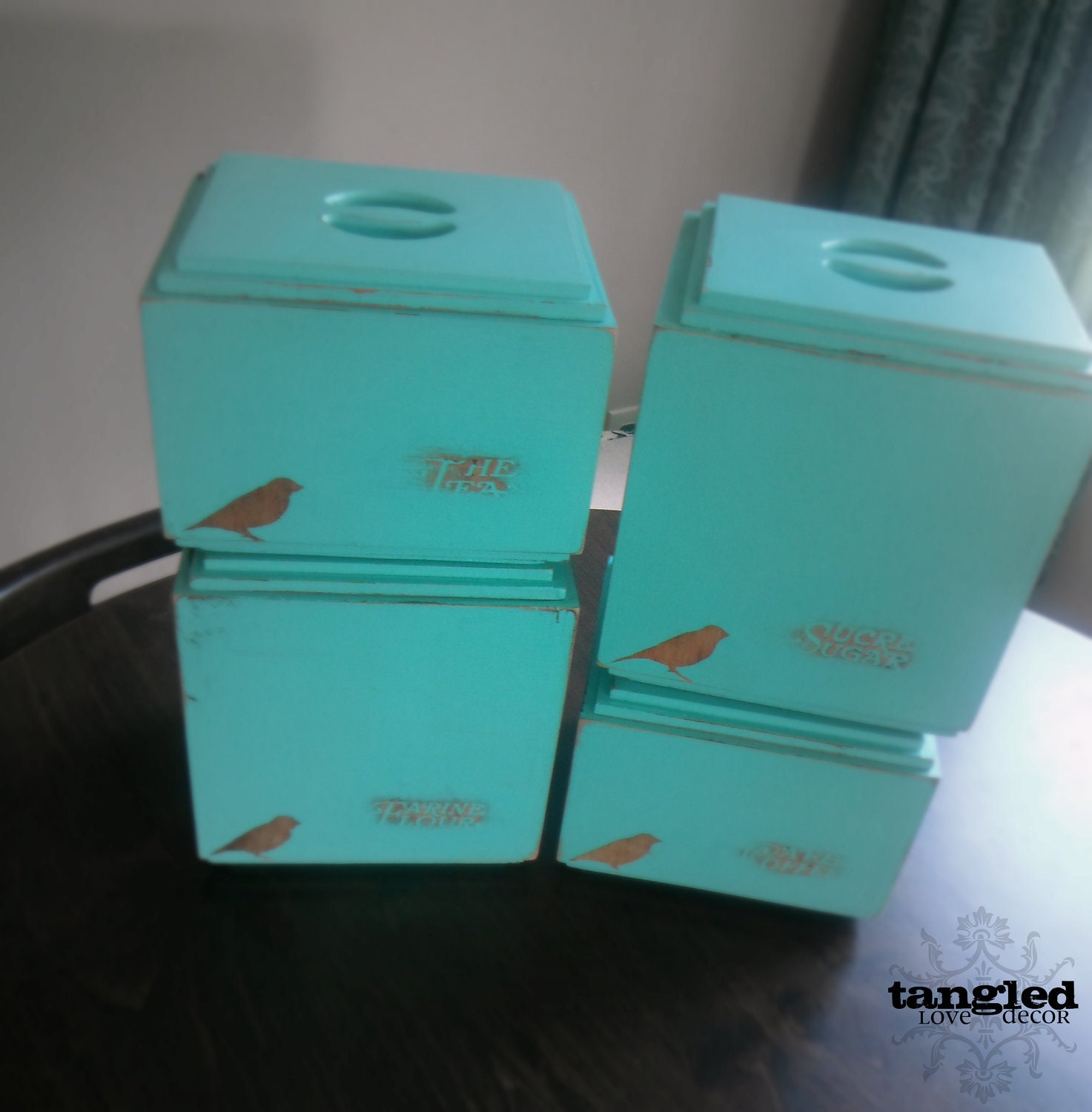 Vintage Wooden Canisters in Distressed Turquoise with Bird Accent