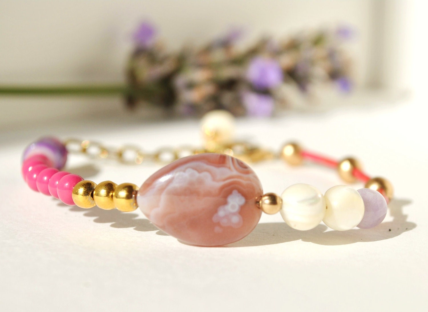 Mixed media bracelet, stacking bracelet, vintage bead bracelet, repurposed bead bracelet, pink and purple bracelet by nicobel