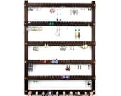 Large Wall Mount Peruvian Walnut Wood Jewelry Holder - Jewelry Display.  Holds 120 Pairs plus 10 Peg Necklace Bar.  Earring Holder