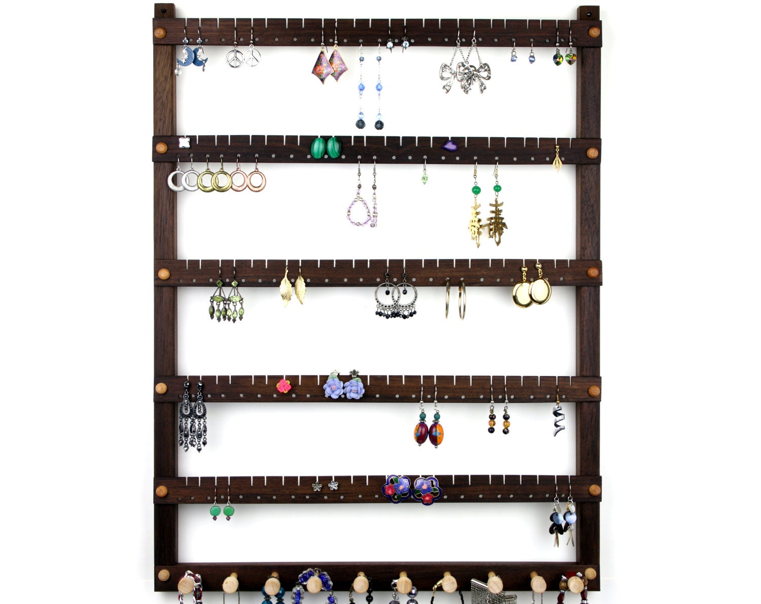 Large Wall Mount Peruvian Walnut Wood Jewelry Holder - Jewelry Display.  Holds 120 Pairs plus 10 Peg Necklace Bar.  Earring Holder