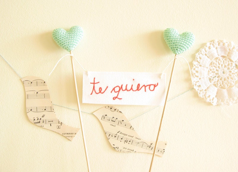 I Love You Banner in Any Language You Like With Crochet Hearts Cake Topper Wedding Decor Engagement Photo Prop by Cherrytime