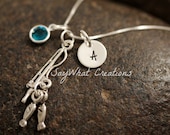 Sterling Silver Mini Initial Charm Necklace with Fishing Pole Charm and birthstone