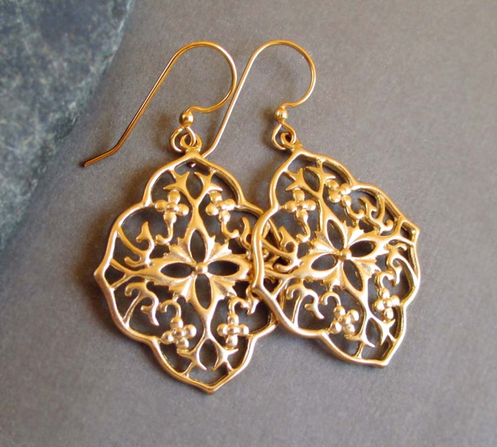 Gold Flower Earrings Gold Filigree Earrings Gold Dangle Earrings Exotic Jewelry
