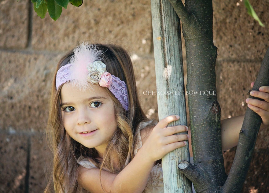 Gorgeous Vintage Inspired Lace Headband - Triple Rosette Baby Girl Toddler Headband in Ivory, Champagne and Light Pink