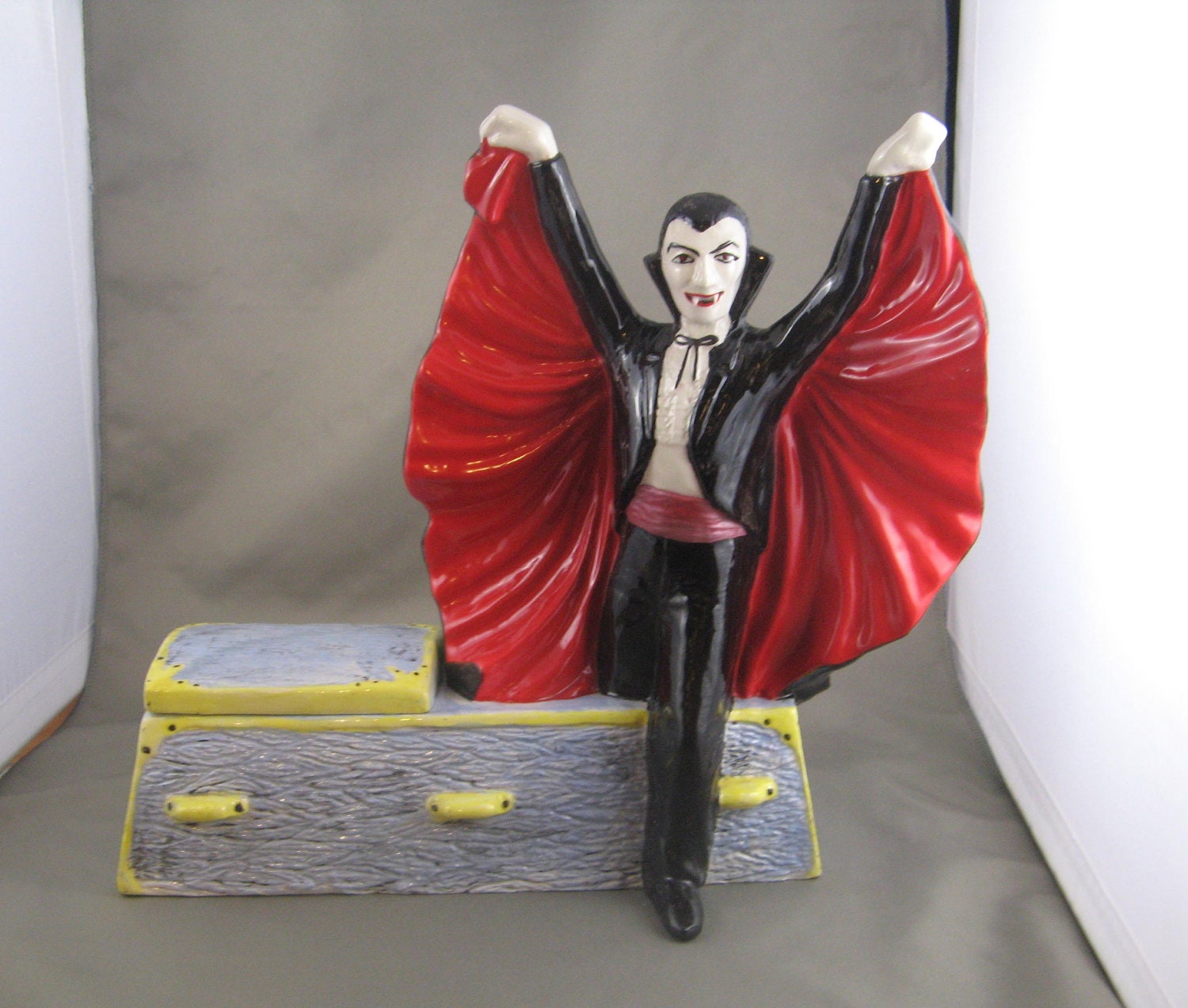 OOAK Ceramic Dracula vampire with coffin & storage space Halloween decoration prop