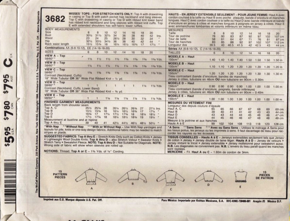 McCalls 3682 Stretch Knit Top Sewing Pattern Uncut