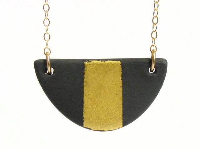 Black and Gold Jewelry - Black Mini Bib Gold Gilded Porcelain Necklace