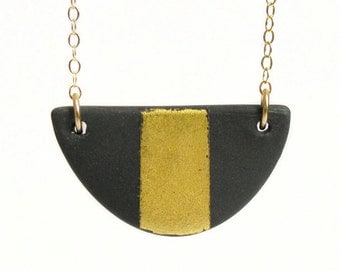 Black and Gold Jewelry - Black Mini Bib Gold Gilded Porcelain Necklace
