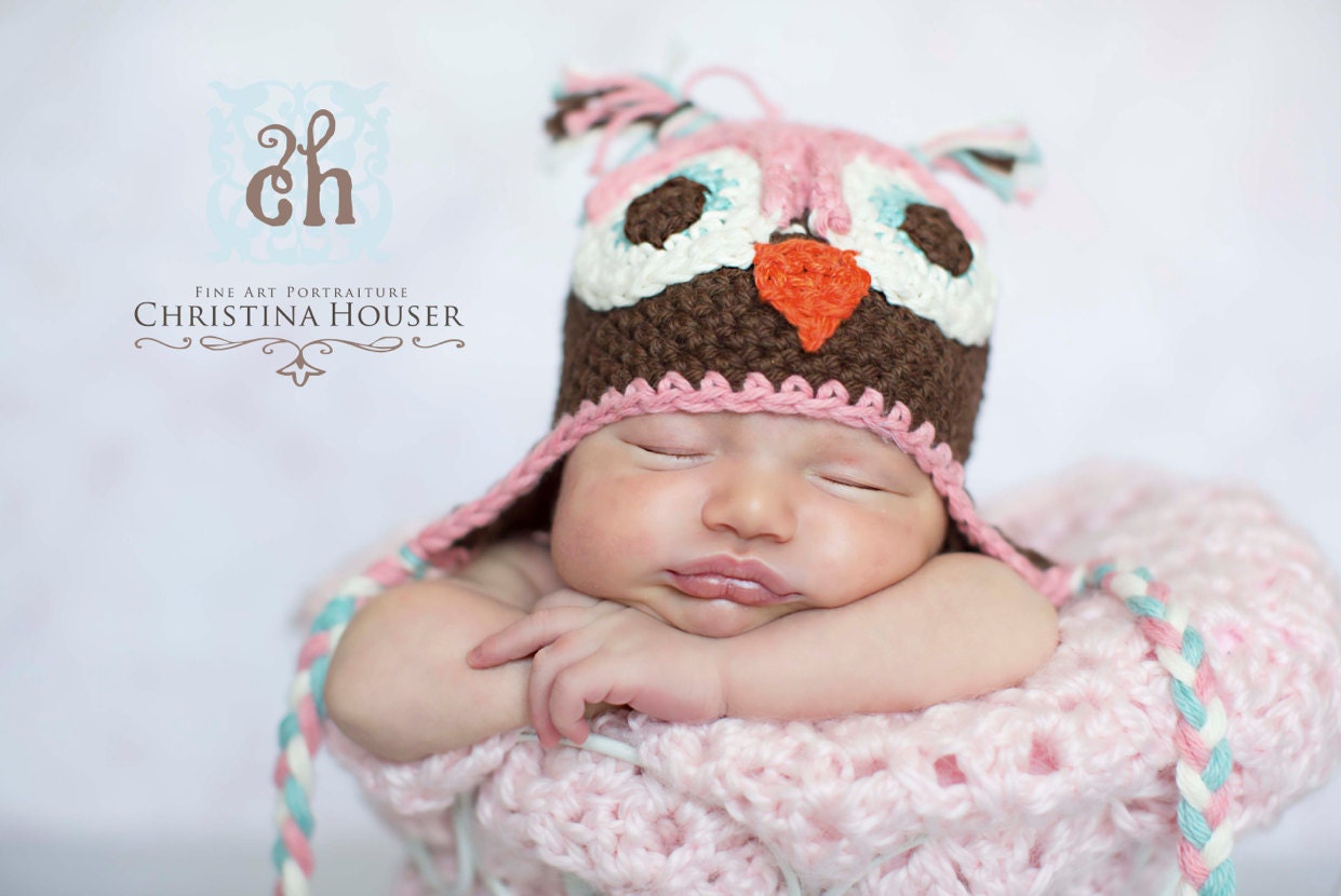 OLIVIA Baby Girl Owl Earflap Hat  - Adorable Photographers Prop - ORGANIC