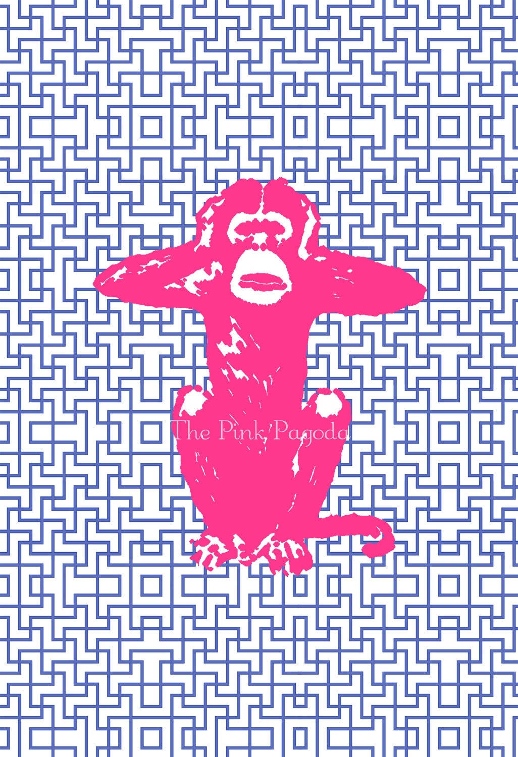 Fuchsia and Navy Three Wise Monkeys Set 13x19