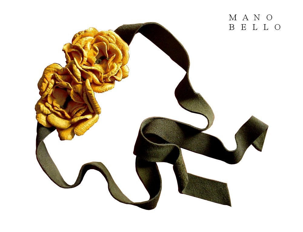 Leather Hair Flowers Headband Tie-On Olive Suede Marigold Yellow Leather Flowers in stock