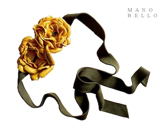 Leather Hair Flowers Headband Tie-On Olive Suede Marigold Yellow Leather Flowers in stock