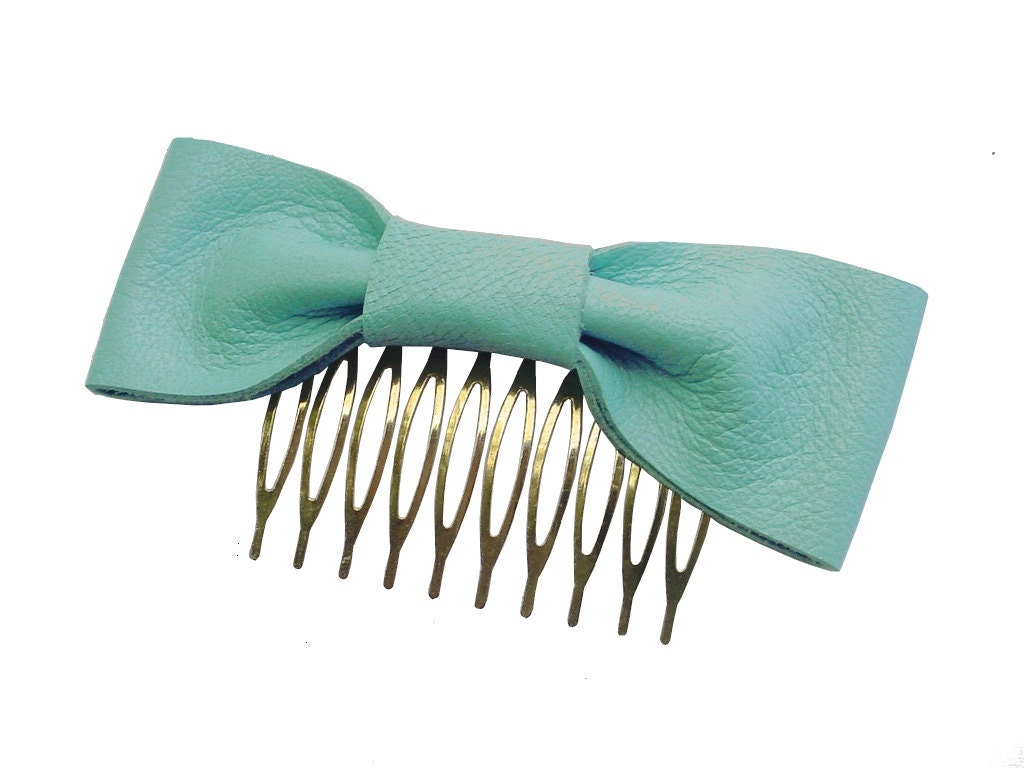 Seafoam Leather Hair Bow Comb Aqua Lambskin Metal Hair Comb, only one