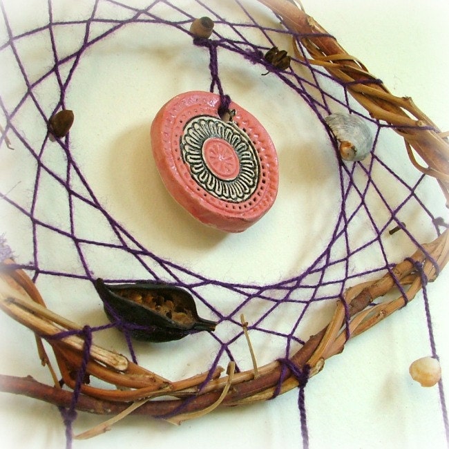 Mandala dream catcher - natural baby mobile weaved in purple with black pod and dried pomegranate