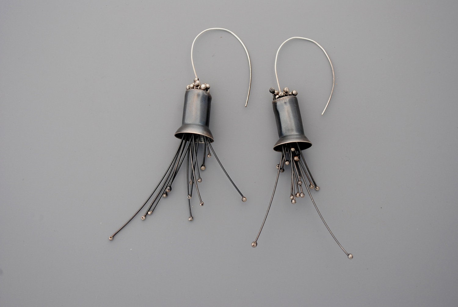 Handmade jewelry. Blackened sterling silver jelly fish earrings, kinetic, moveable.