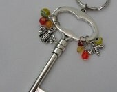 Bee Bug - Silver Keyring Keychain - Insect Charms - Beads Red Yellow Flower - XL Skeleton Key - Gift Idea Under 10  - Ready to ShipT007