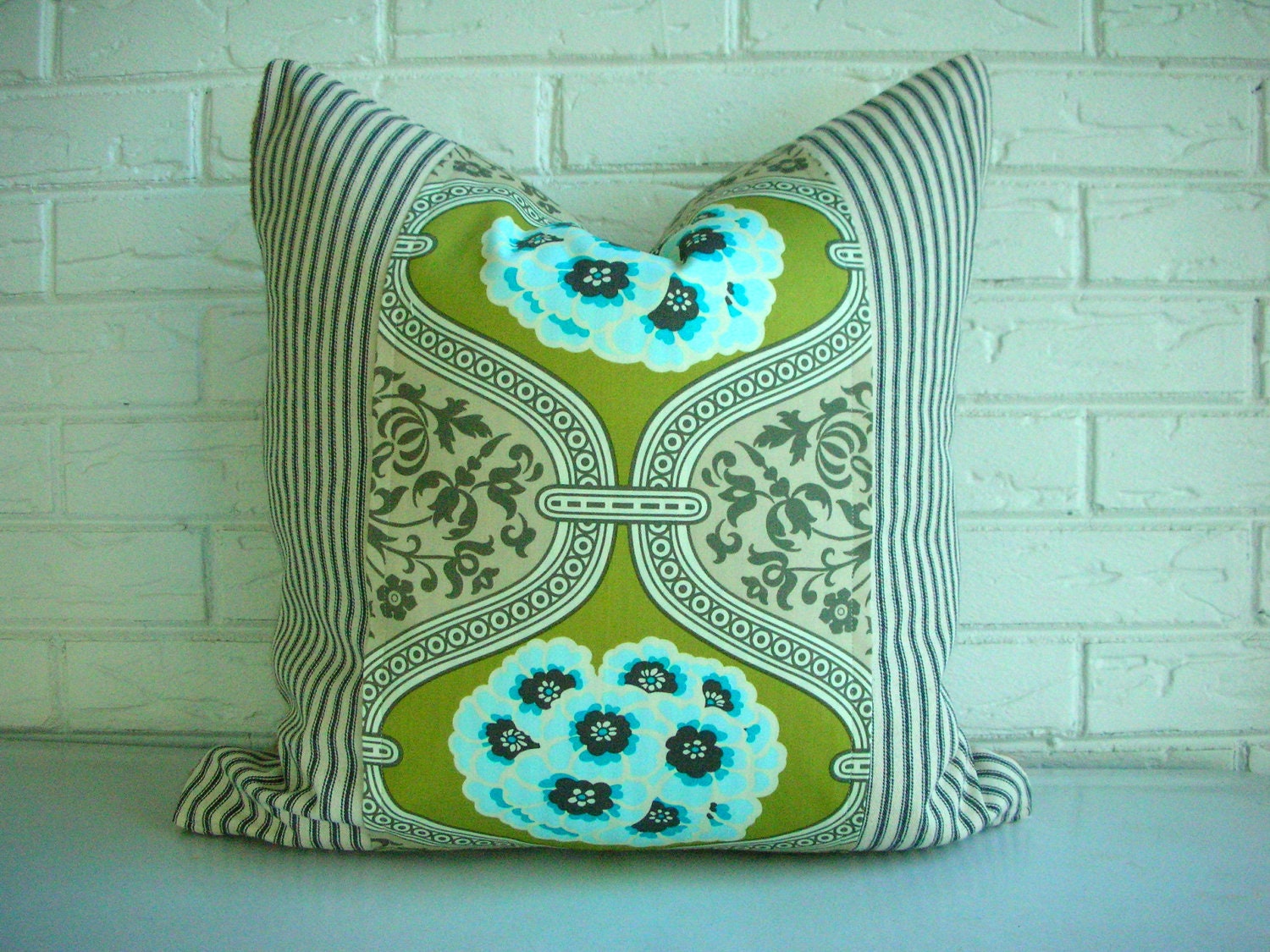 Decorative Pillow Cover - Throw PIllow - Bohemian Chic Cottage - Black IvoryTicking Floral Lattice - Olive Chartreuse Green Aqua Turquoise
