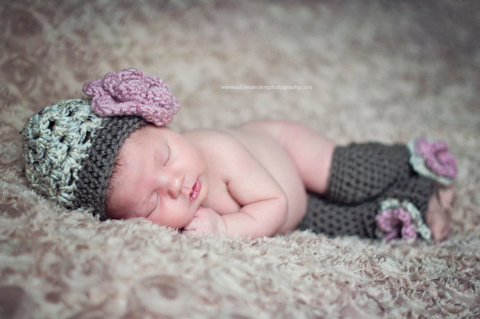 The Sofia Flower Beanie in Oatmeal, Dusty Pink, Taupe and Green with Matching Leg Warmers in Newborn to 24 Months Size- MADE TO ORDER