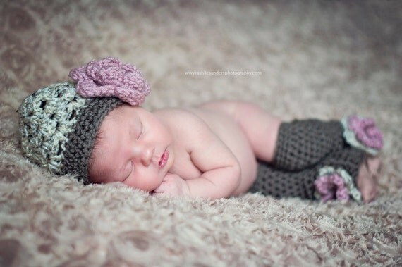 The Sofia Flower Beanie in Oatmeal, Dusty Pink, Taupe and Green with Matching Leg Warmers in Newborn to 24 Months Size- MADE TO ORDER